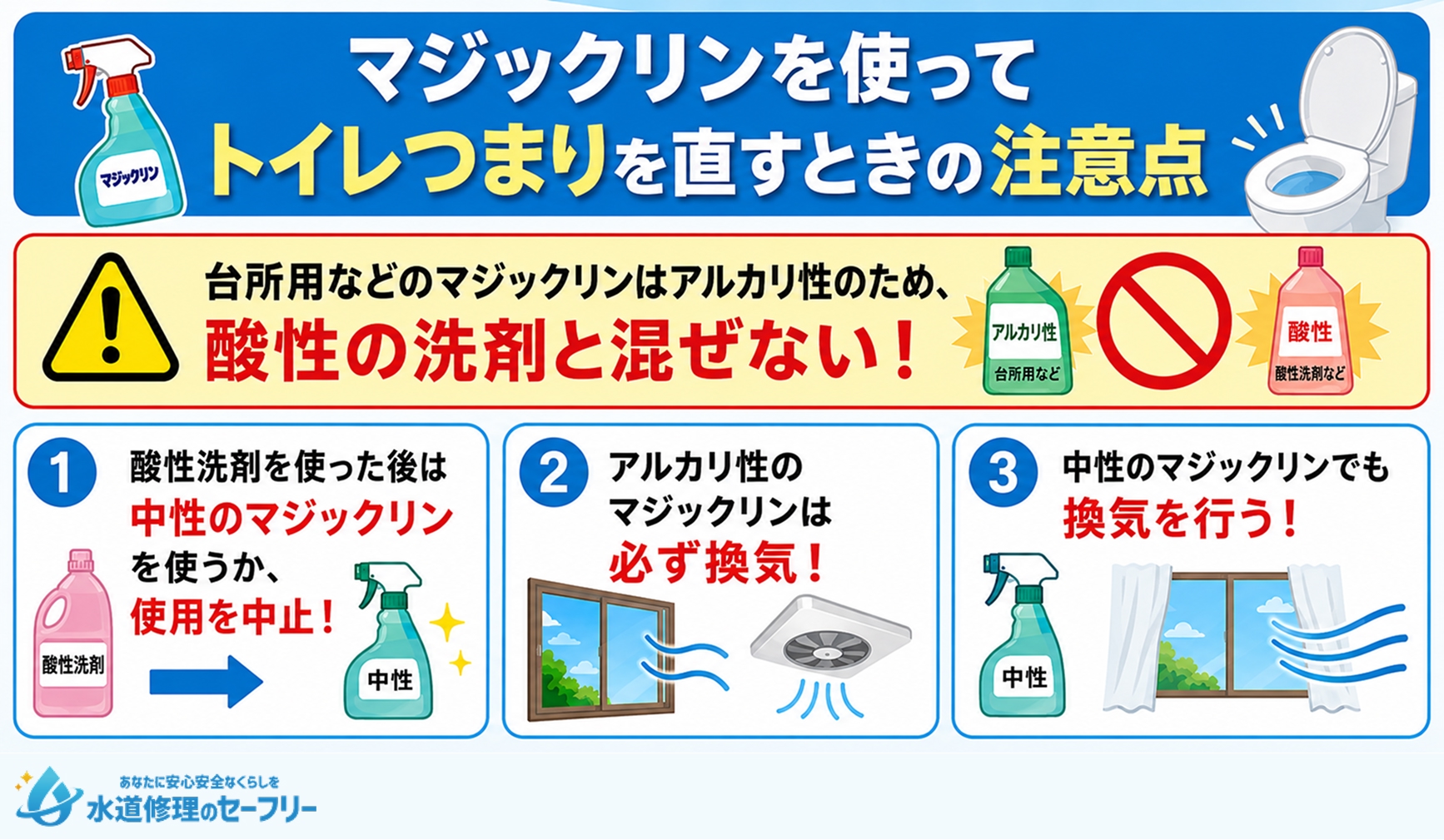 マジックリンを使ってトイレつまりを直すときの注意点を解説