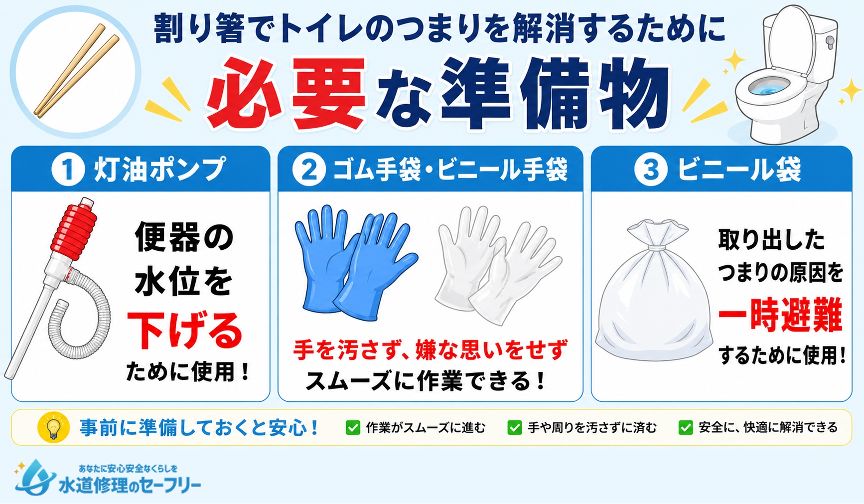 割り箸でトイレのつまりを解消するために必要な準備物が何か解説