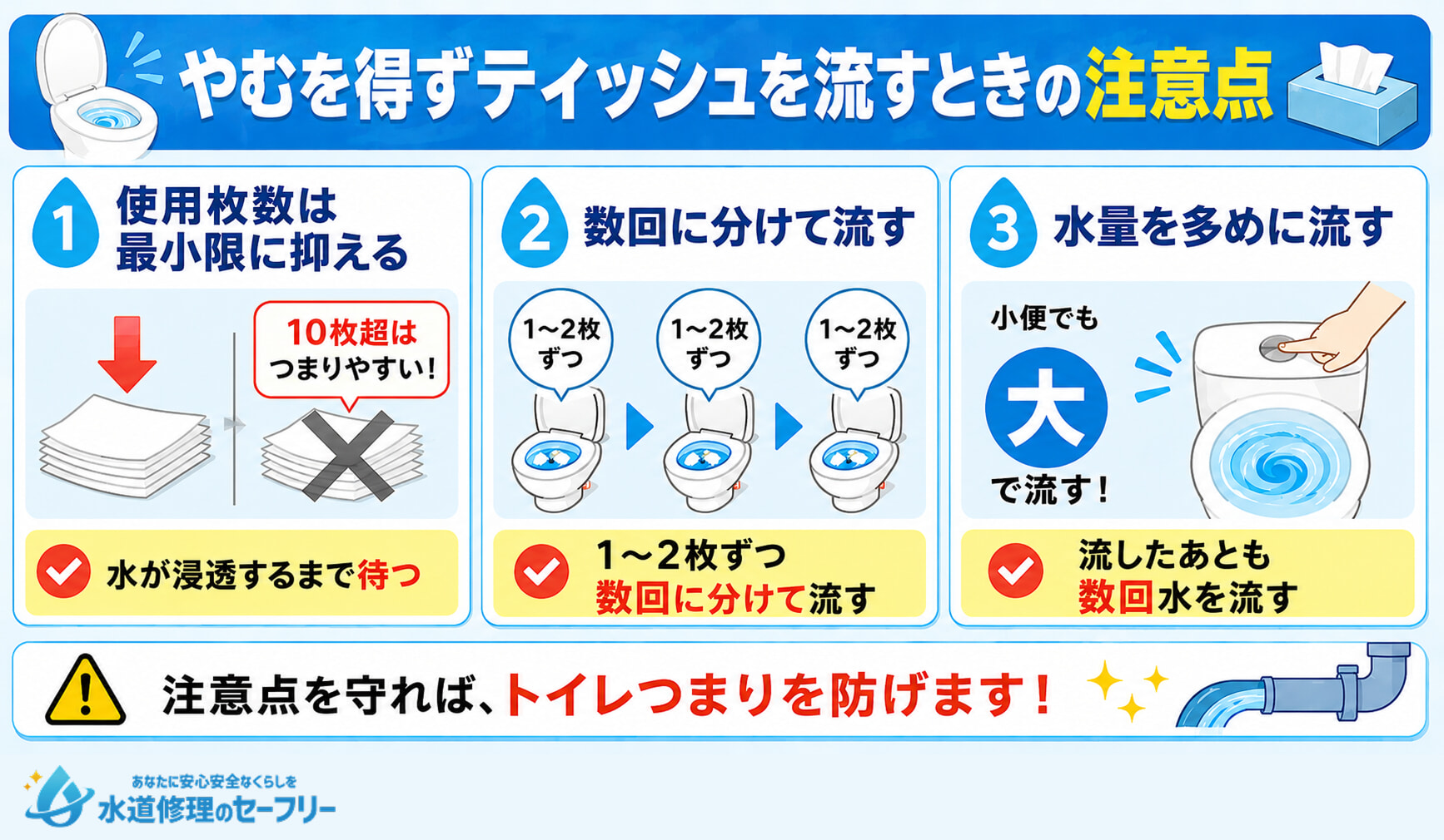 やむを得ずティッシュをトイレに流すときの注意点を説明