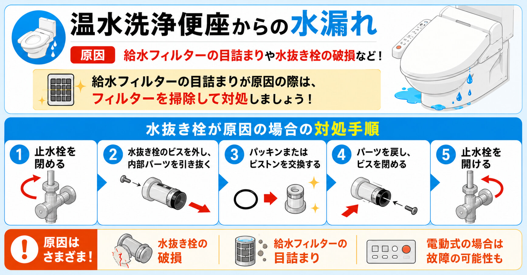 温水洗浄便座からの水漏れの原因と対処手順を解説