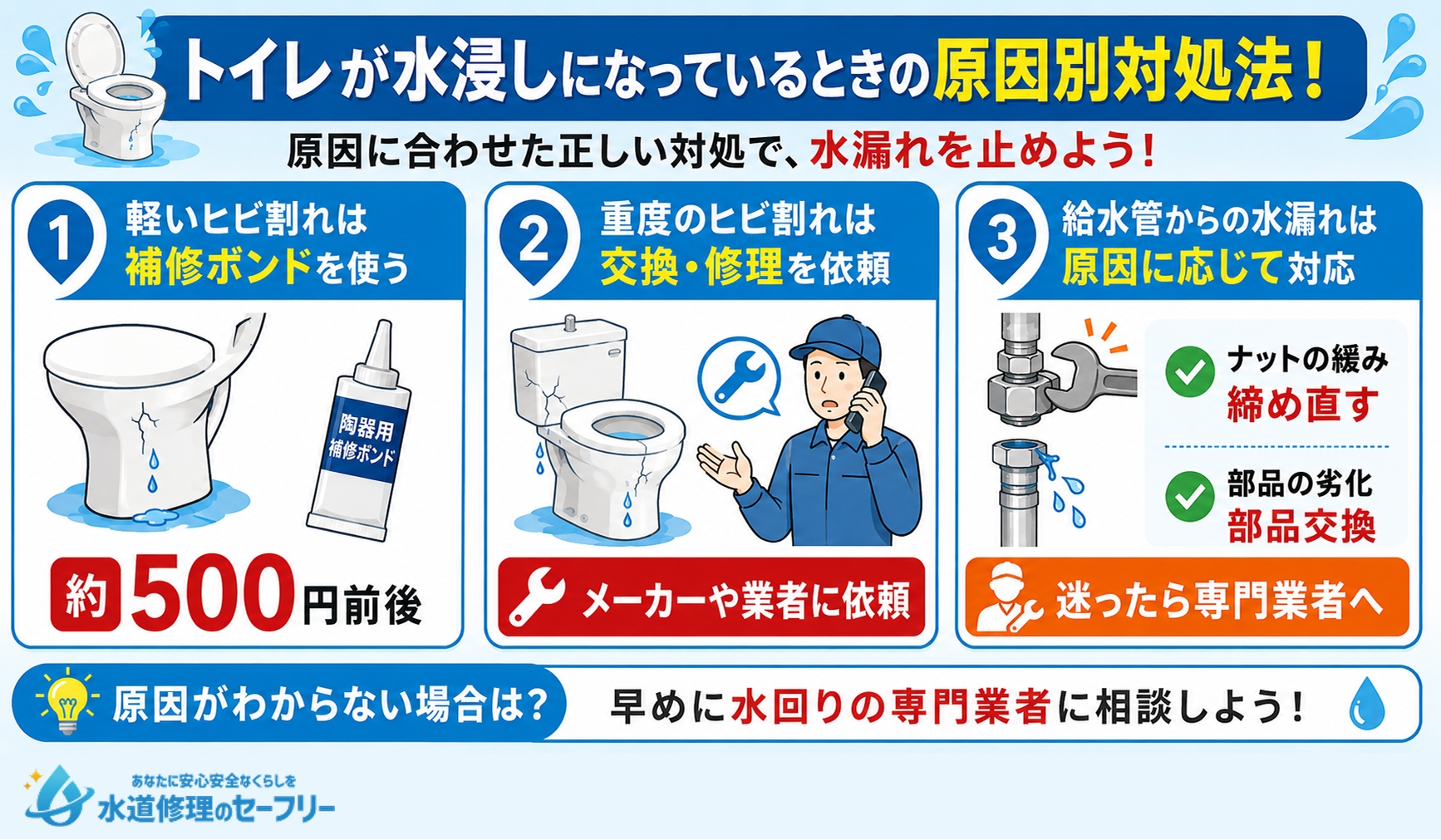 トイレが水浸しになっているときの原因別対処法を3つ紹介