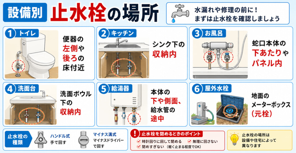 設備別の止水栓の場所を紹介