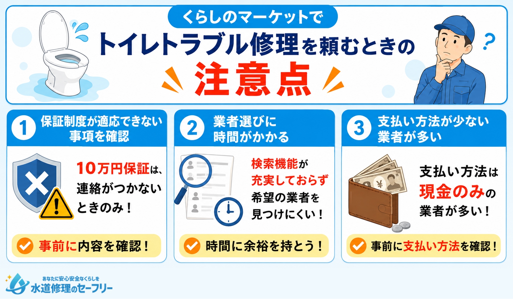 くらしのマーケットでトイレトラブル修理を頼むときの注意点を解説