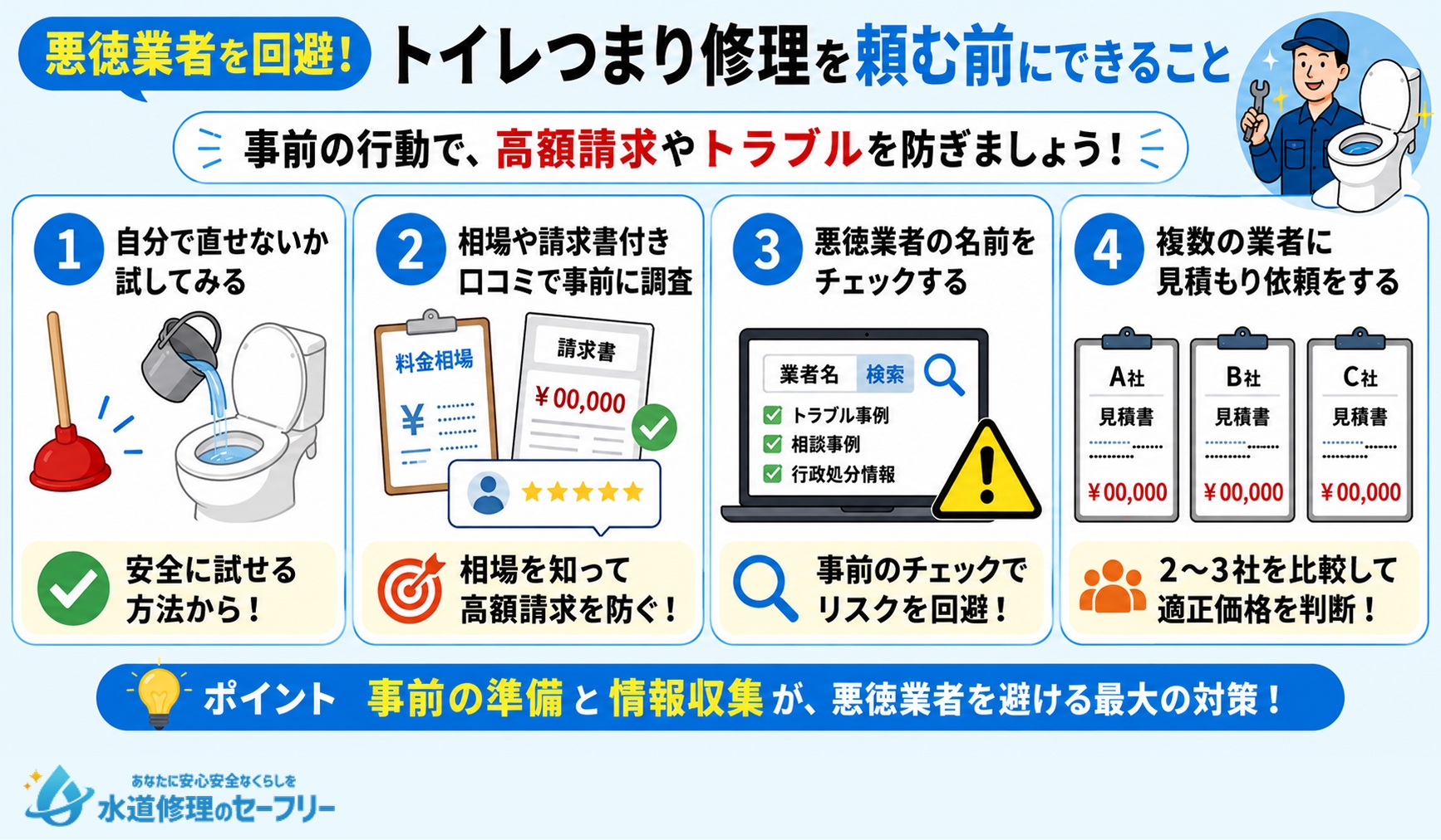 悪徳業者を回避！トイレつまり修理を頼む前にできることが何か解説