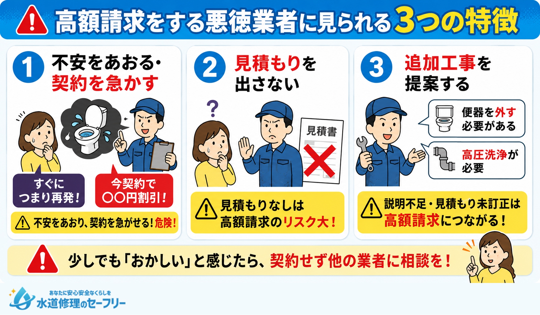 高額請求をする悪徳業者に見られる3つの特徴を紹介！少しでもおかいしと感じたら、他の業者に相談を