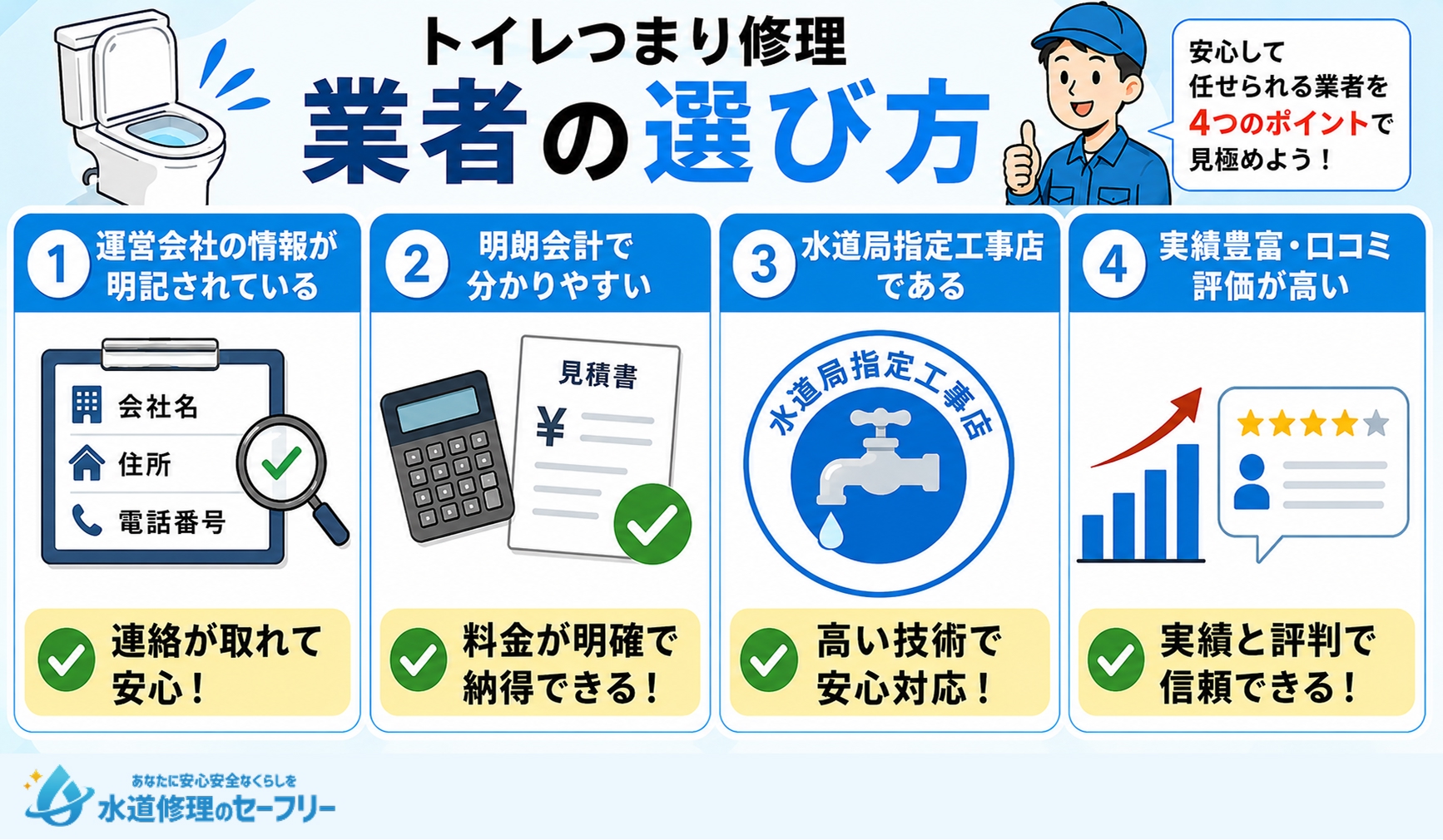トイレつまり修理業者の選び方を解説。4つのポイントで見極めよう