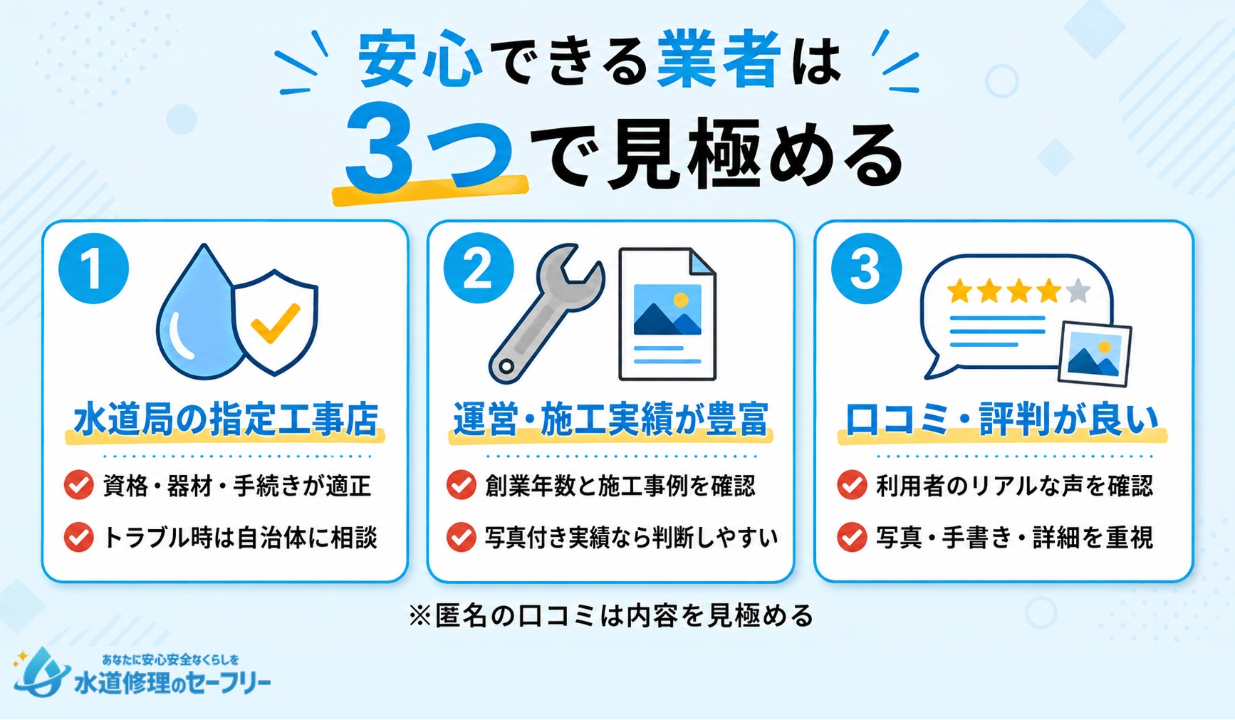 水道修理業者を選ぶ3つのポイントを解説