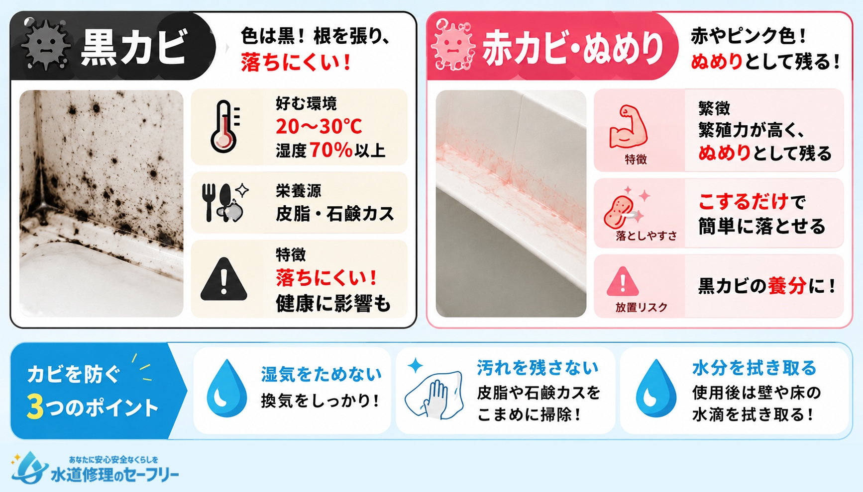 お風呂に発生するカビの種類を解説。黒カビと赤カビについて