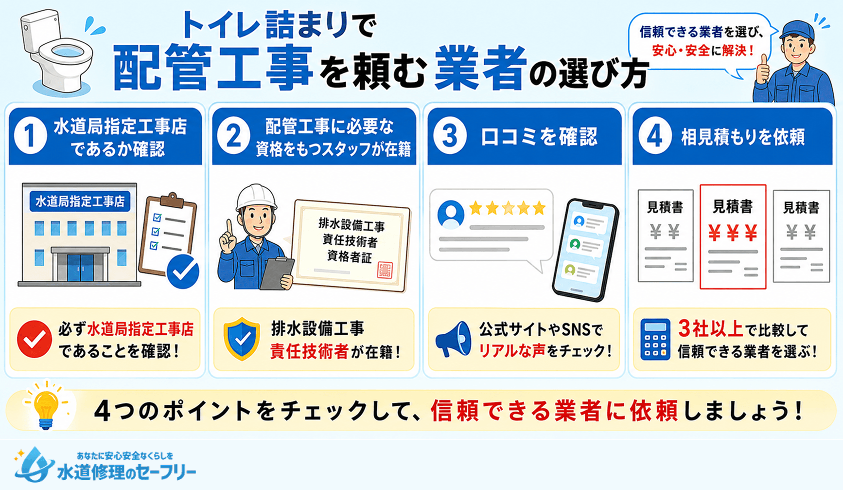 トイレ詰まりで配管工事を頼む業者の選び方を4つ紹介
