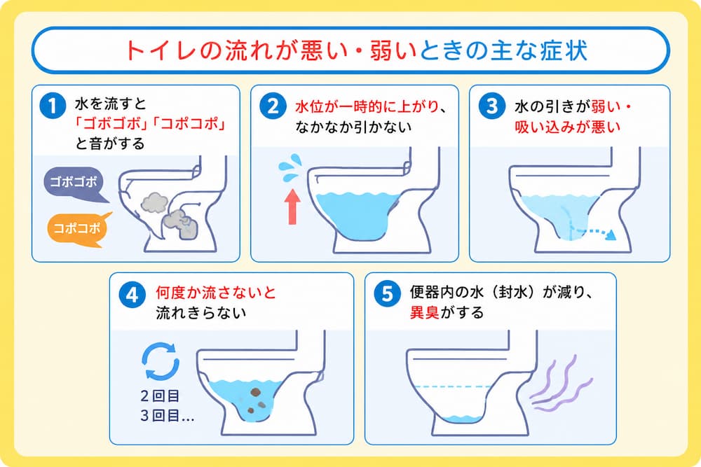 トイレの流れが悪い・弱いときの主な症状