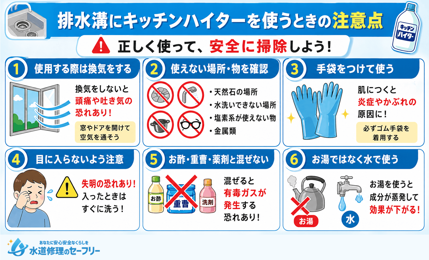 排水溝にキッチンハイターを使うときの注意点を6つ解説