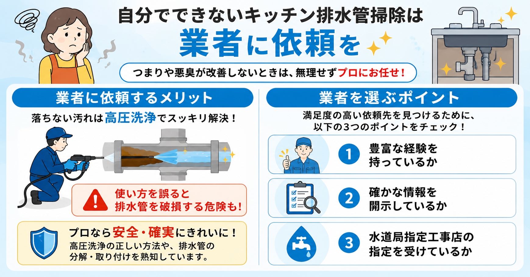 自分でできないキッチン排水管掃除は業者に依頼を！無理せずプロにお任せしよう