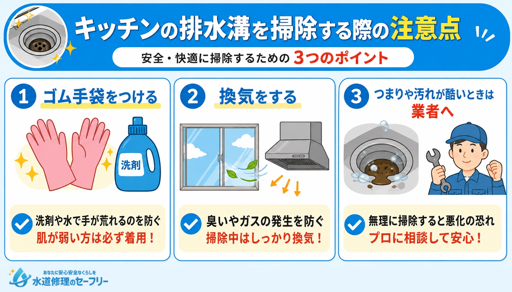 キッチンの排水溝を掃除する際の注意点を3つ解説