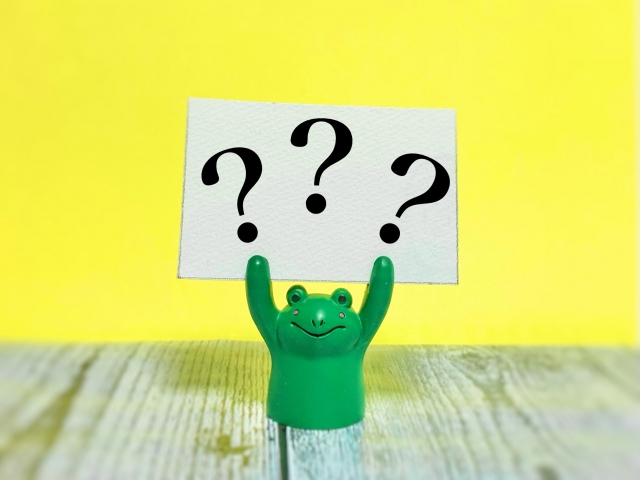 クエスチョンマークのメモを持ったカエル