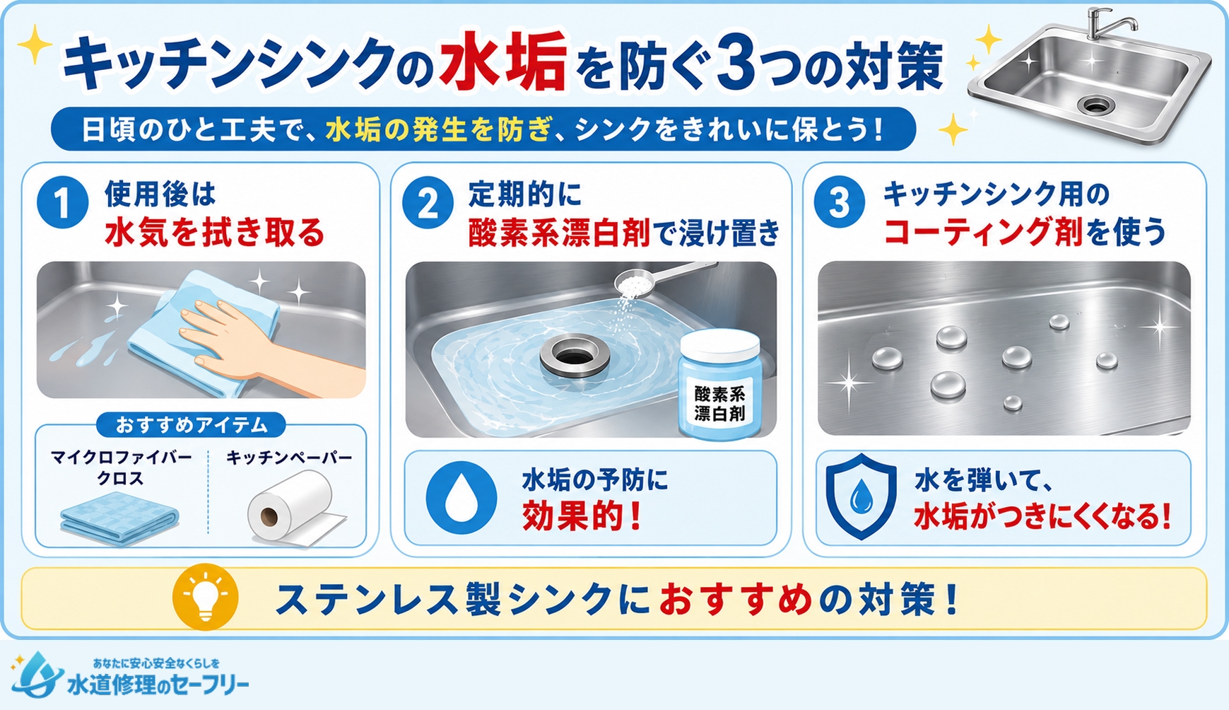 キッチンシンクの水垢を防ぐ3つの対策法を紹介