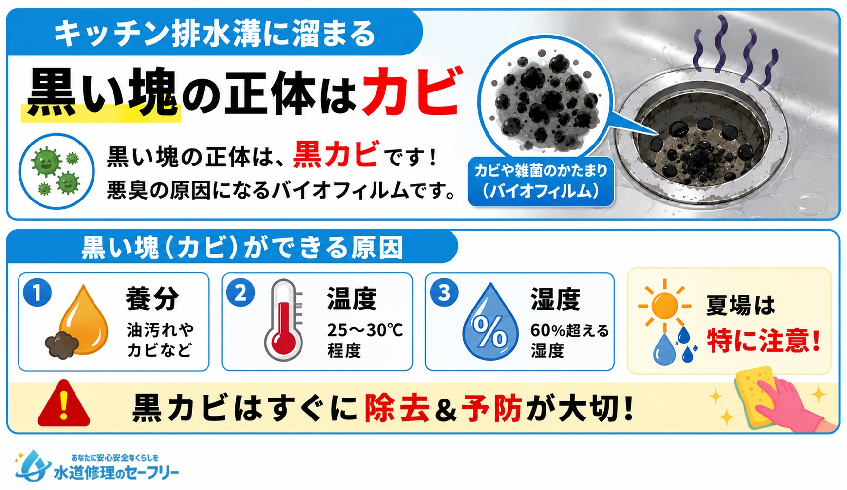 キッチン排水溝に溜まる黒い塊の正体はカビ!できる原因が何か解説