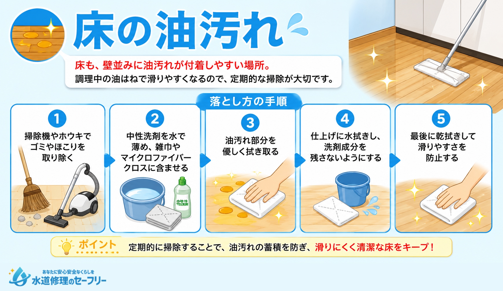 床の油汚れの落とし方の手順を解説