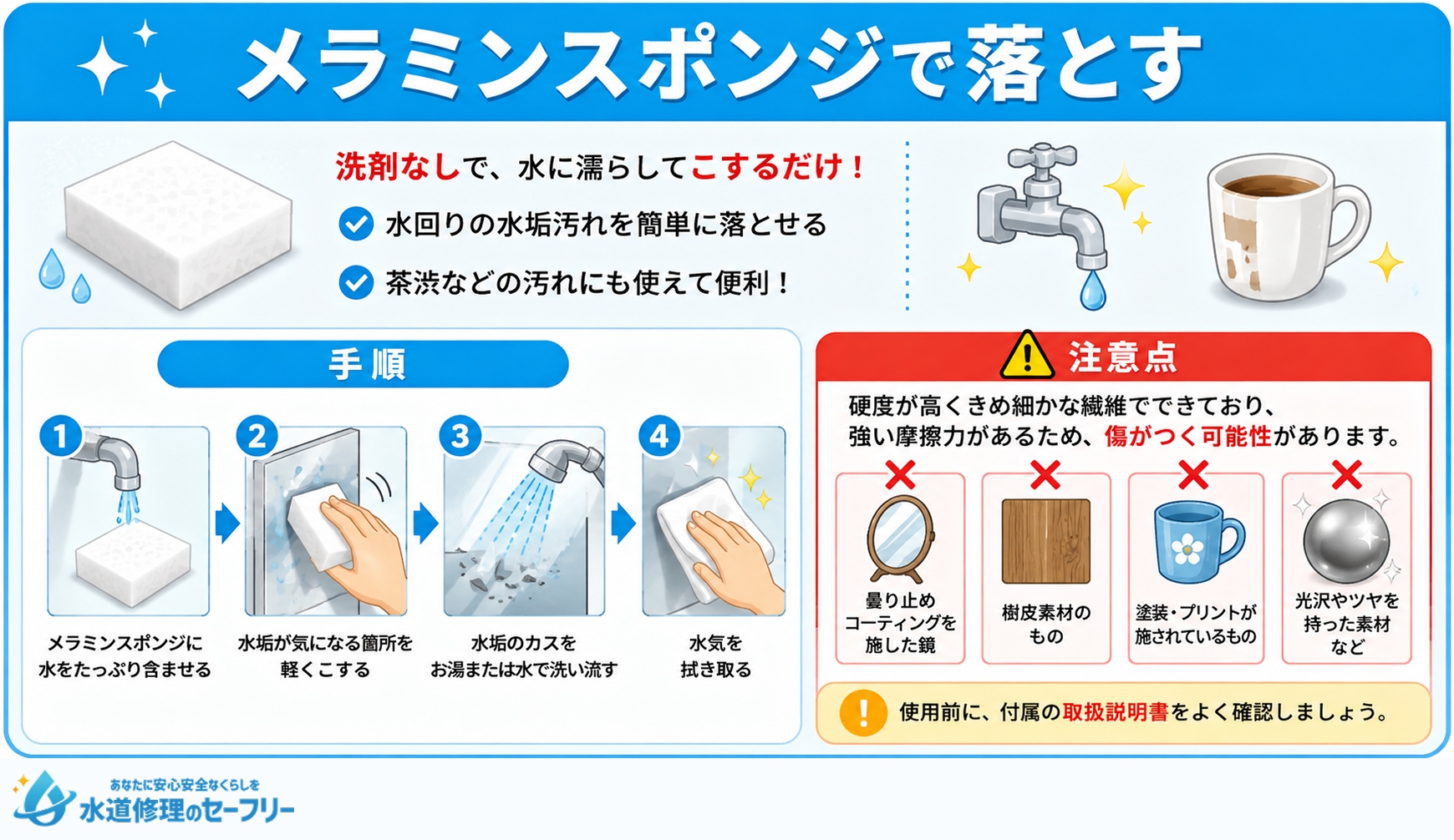 メラミンスポンジを使って水垢を落とす方法を解説