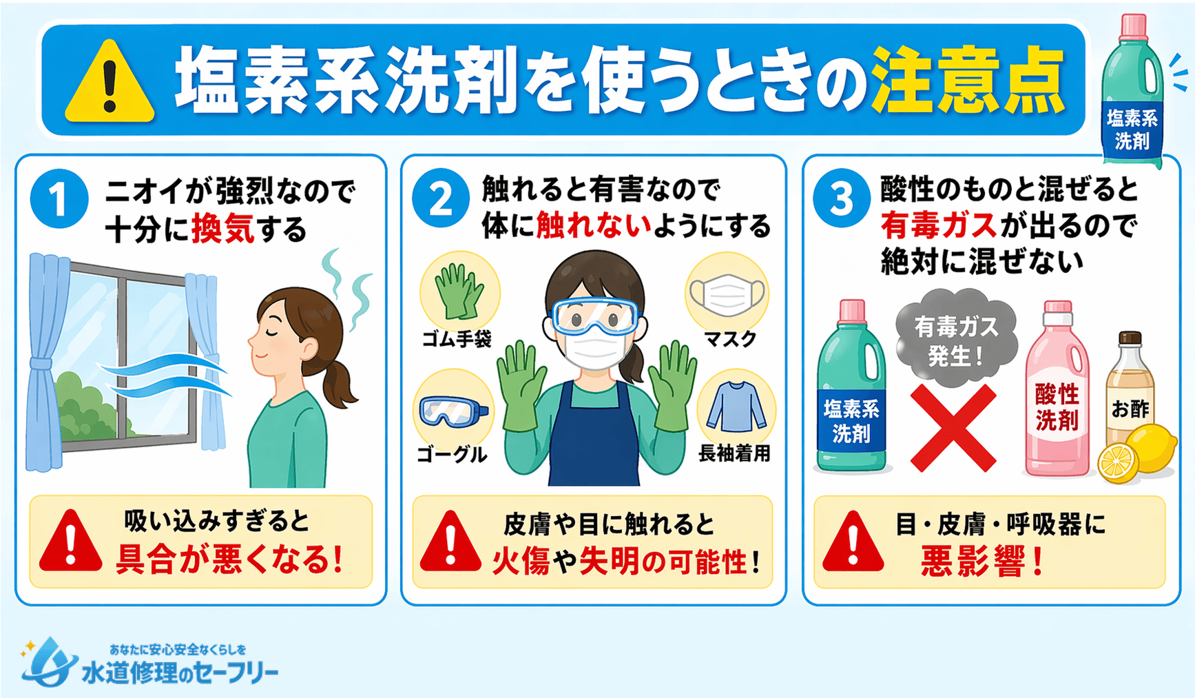 塩素系洗剤を使うときの注意点を3つ紹介