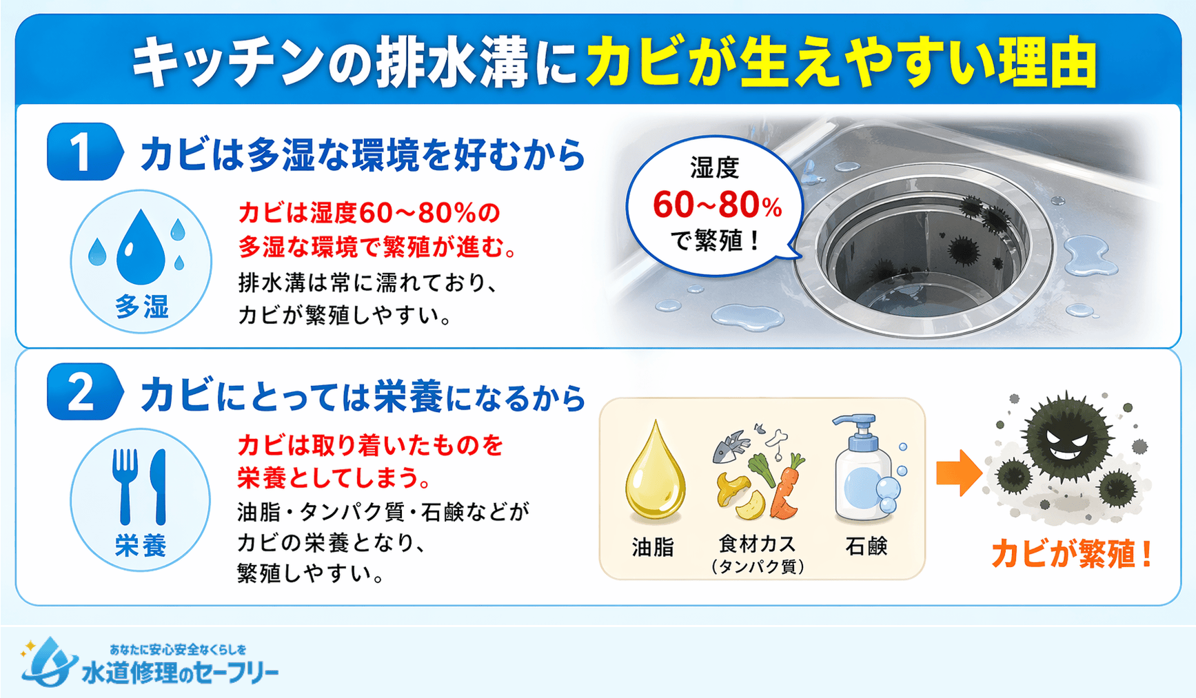 キッチン排水溝にカビが生えやすい理由を2つ解説