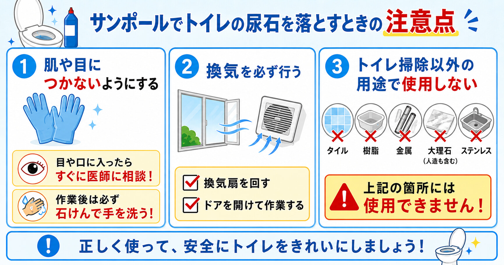 サンポールでトイレの尿石を落とすとき注意点を3つ紹介