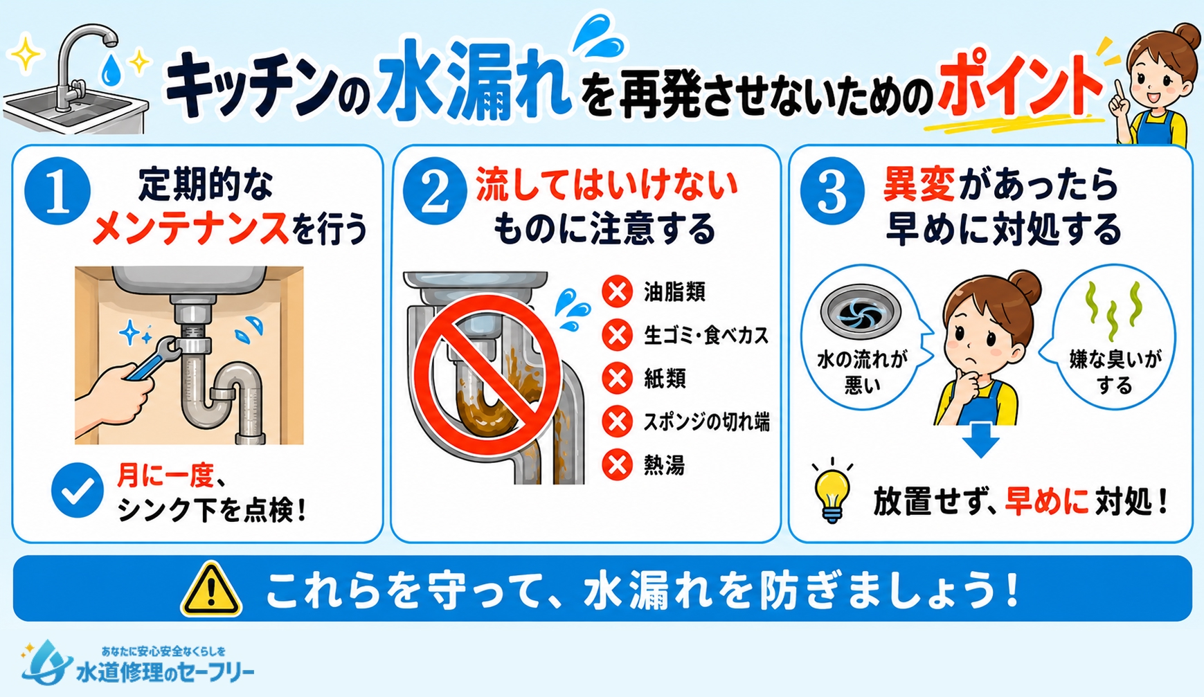 キッチンの水漏れを再発させないためのポイントを3つ解説