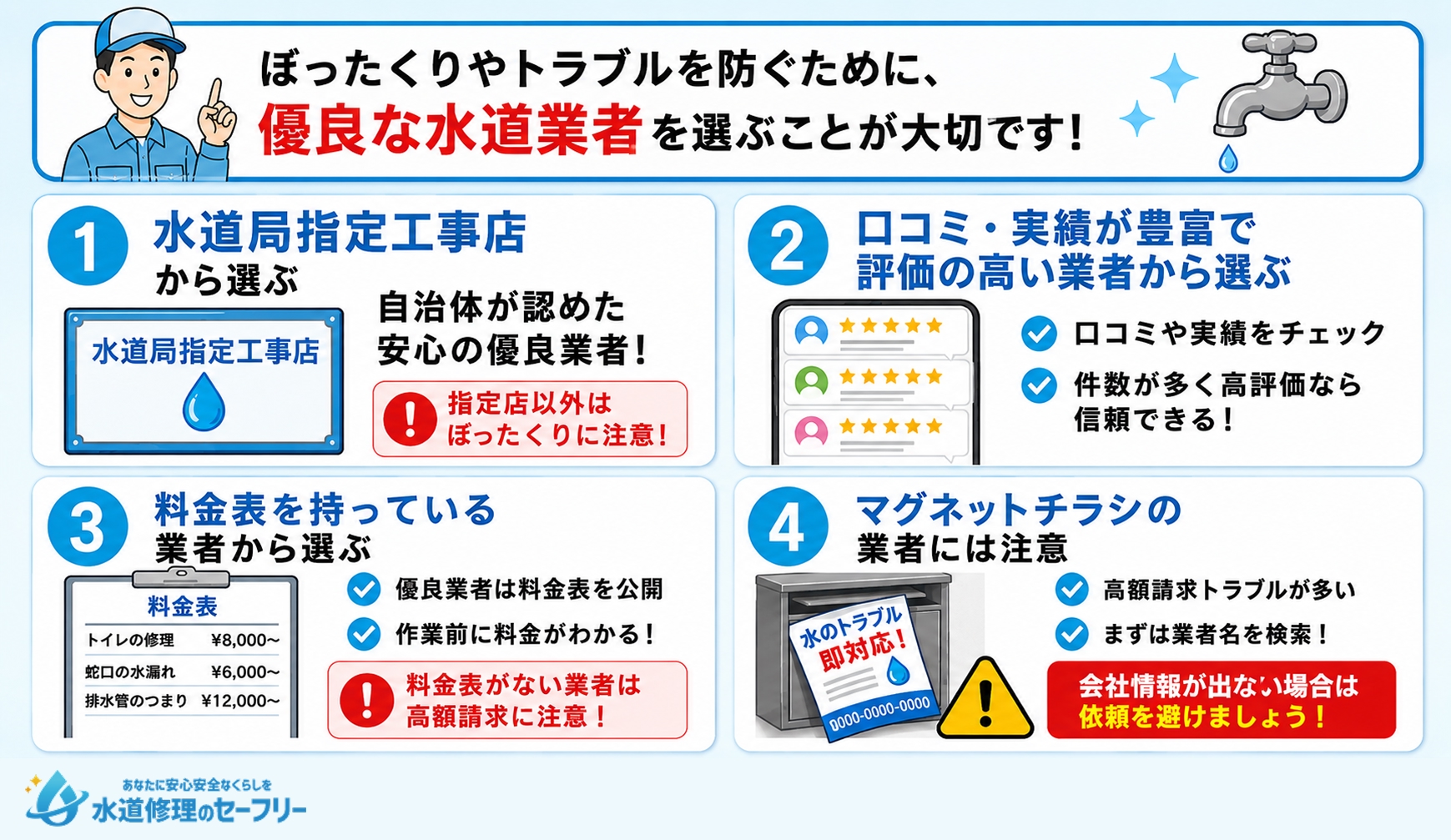 優良な水道業者の選び方を4つ紹介!