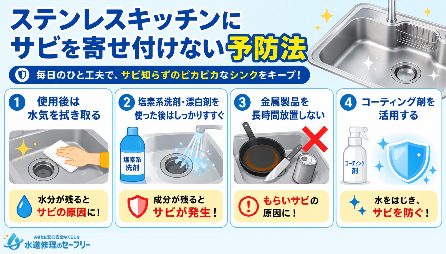 ステンレスキッチンにサビを寄せ付けない予防法を解説