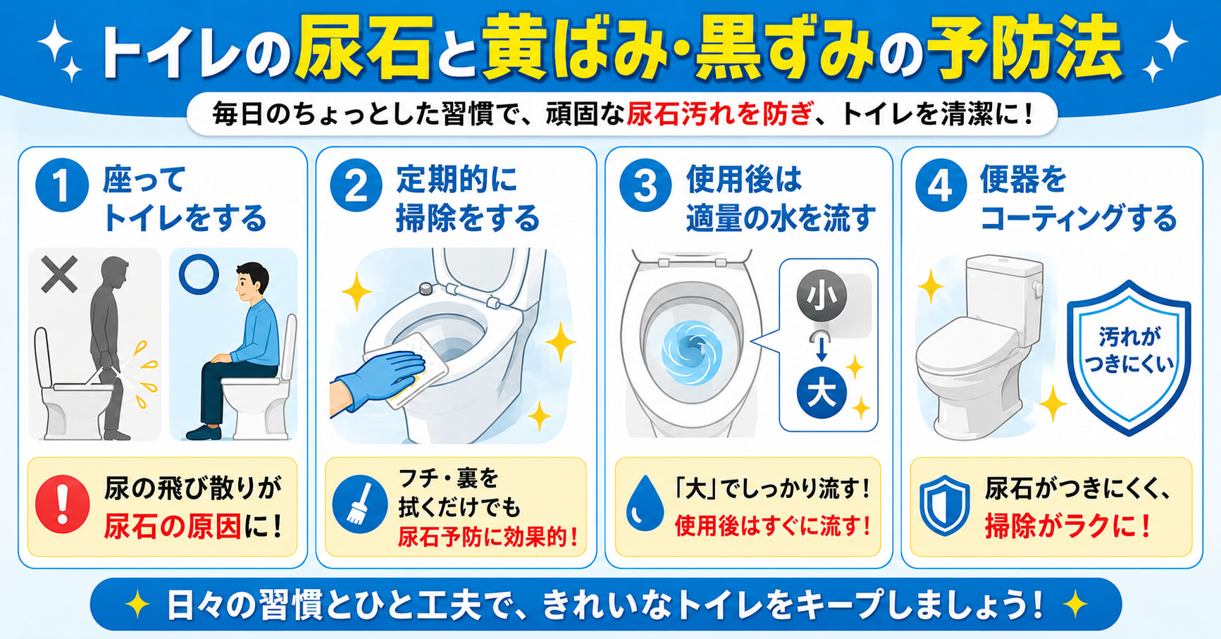 トイレの尿石・黄ばみ・黒ずみを予防する4つの方法を解説