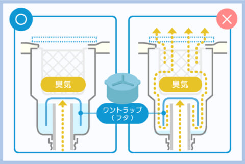 キッチン排水溝の仕組み。封水が切れると隙間ができて、臭いがシンクに出てしまう。