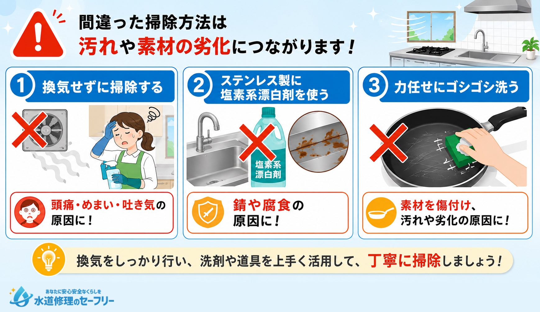 【要注意】キッチン掃除でやってはいけないNG行動を解説