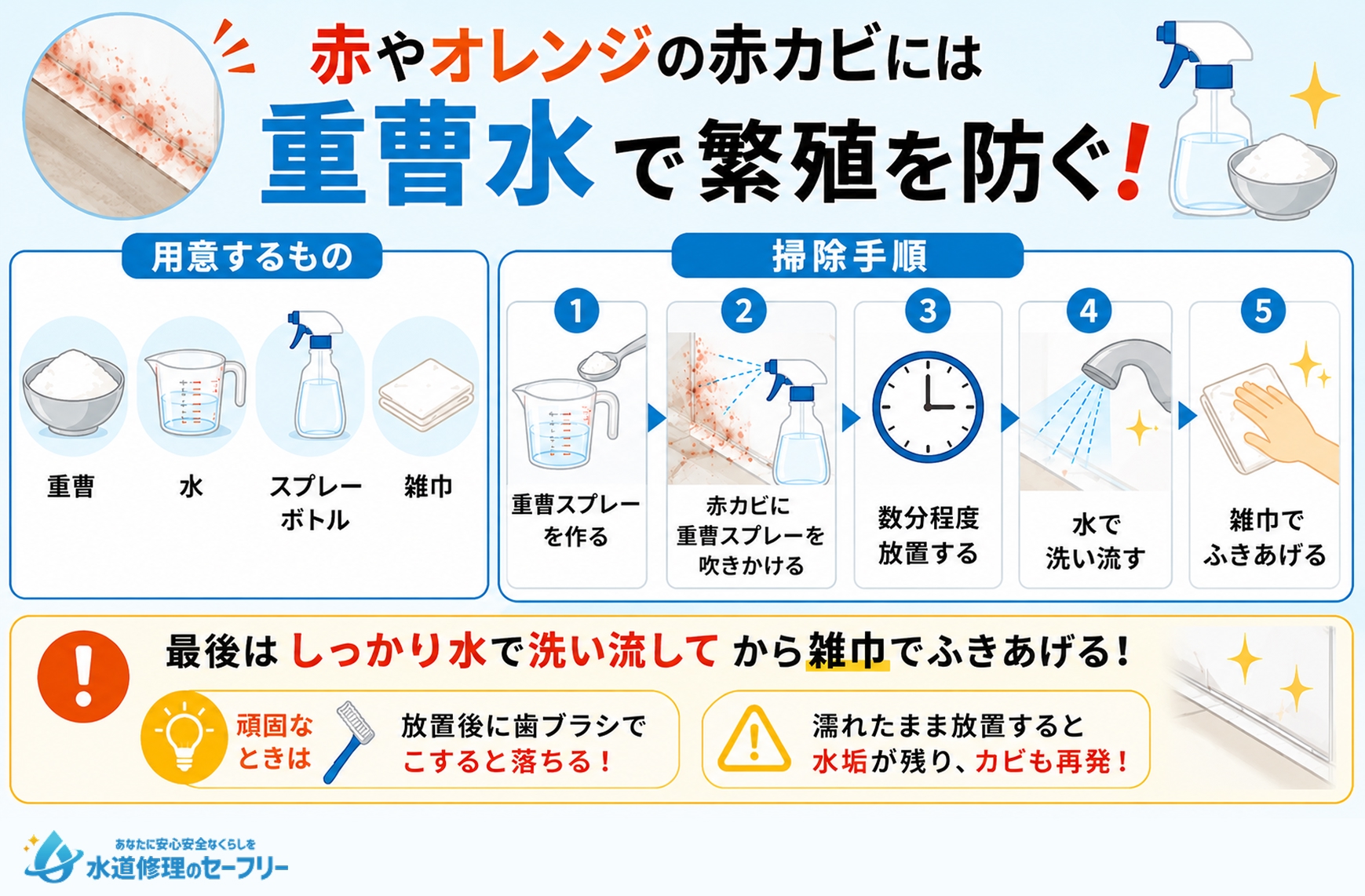 赤カビは重曹水で繁殖を防ぐ!やり方を解説