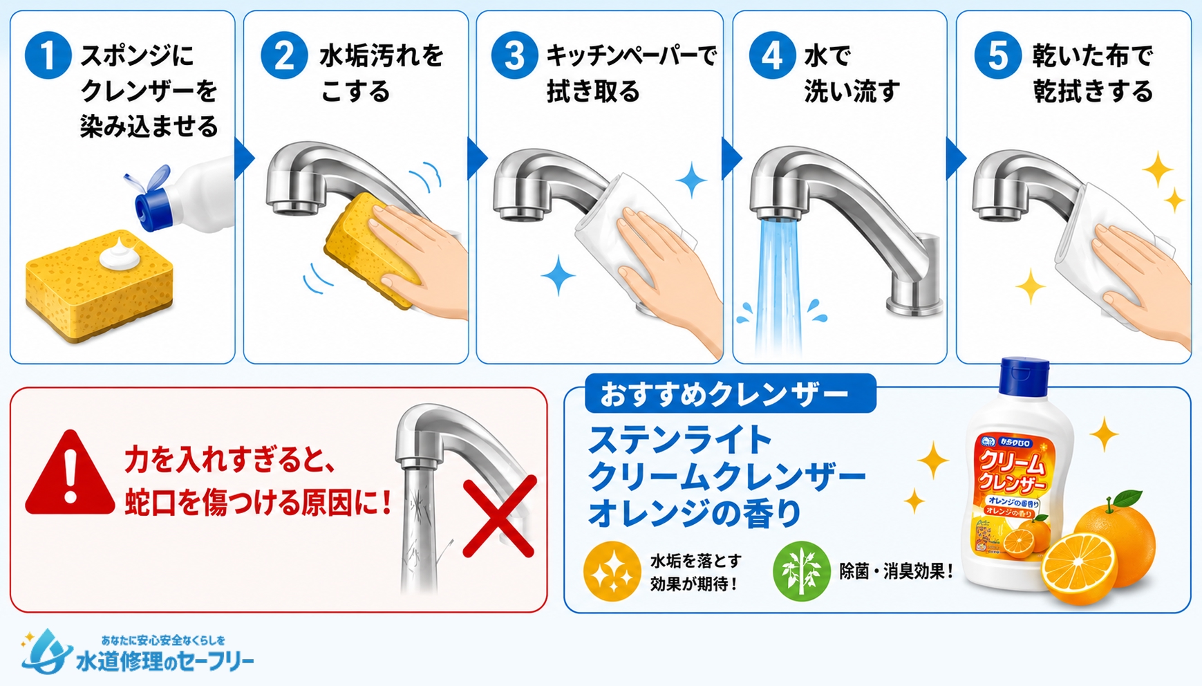 クレンザーで水垢をこすり落とすやり方を解説