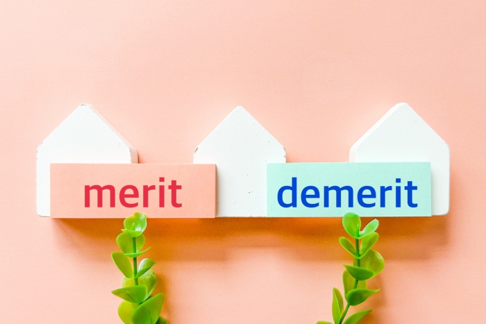 「merit」と「demerit」と書かれた札