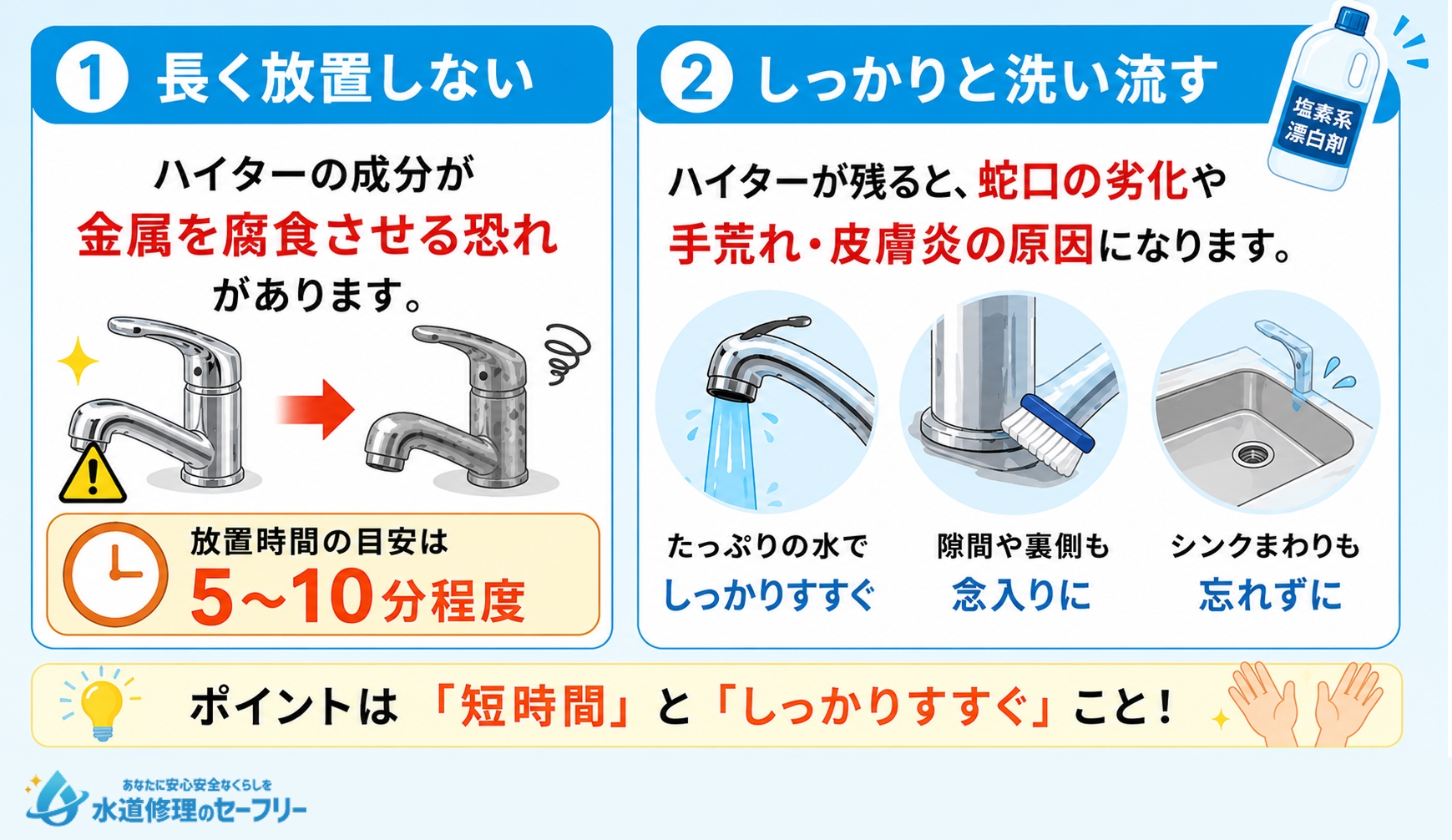 キッチン蛇口をハイターで掃除する際の注意点を2つ解説