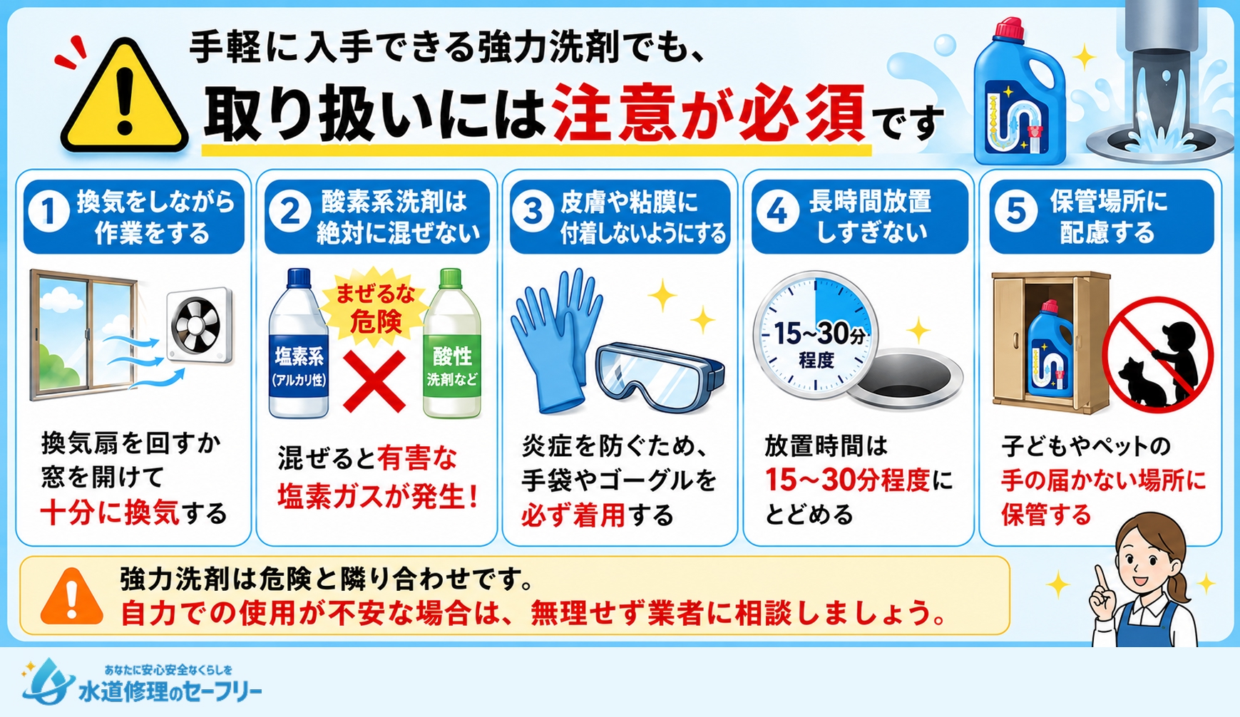 排水溝詰まりを溶かす強力洗剤の注意点を解説