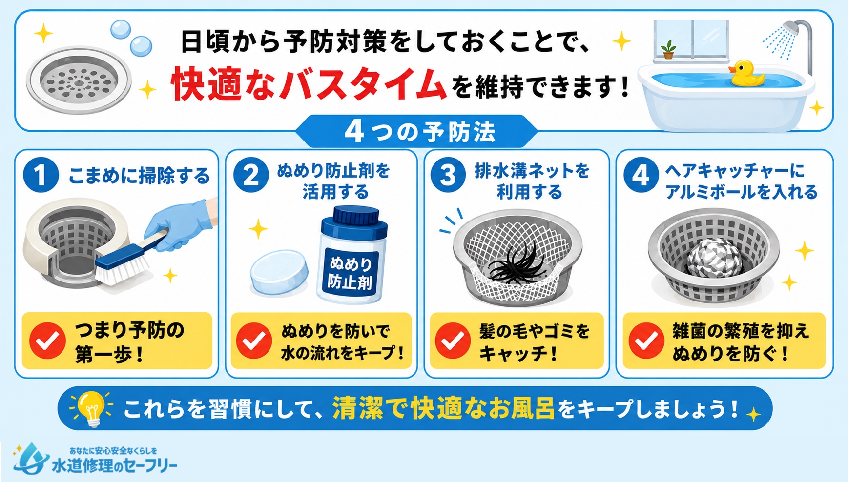 お風呂の排水溝つまりを予防する方法を解説