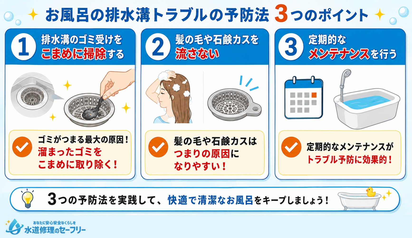 お風呂の排水溝トラブルの予防法を解説
