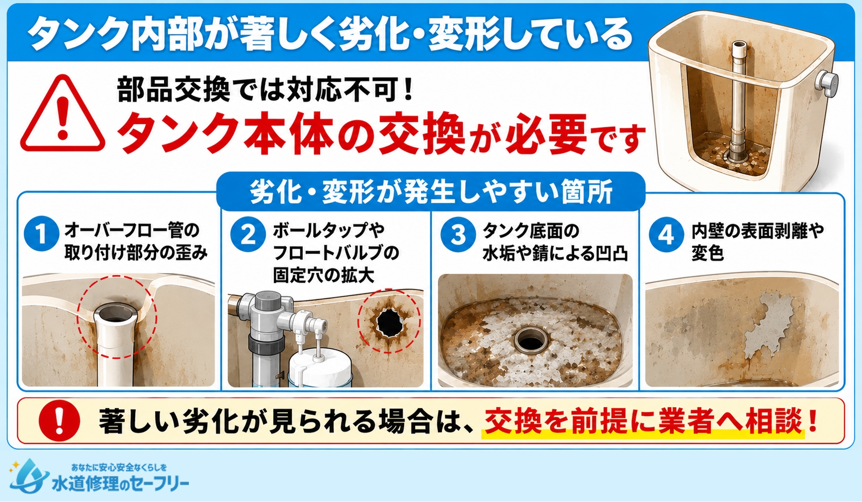 タンク内部が著しく劣化・変形している場合はタンク本体の交換が必要。劣化・変形が発生しやすい箇所を解説