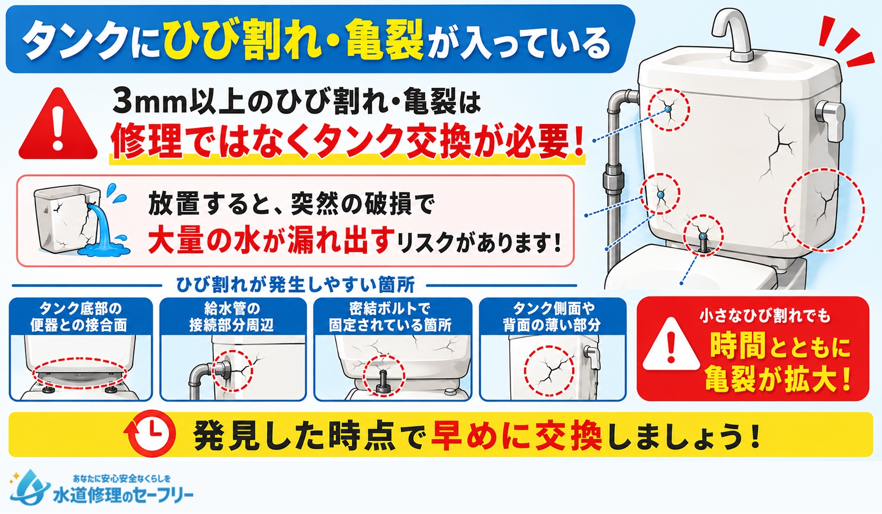タンクにひび割れ・亀裂が入っている場合は、タンク交換が必要!ひび割れが発生しやすい箇所を紹介