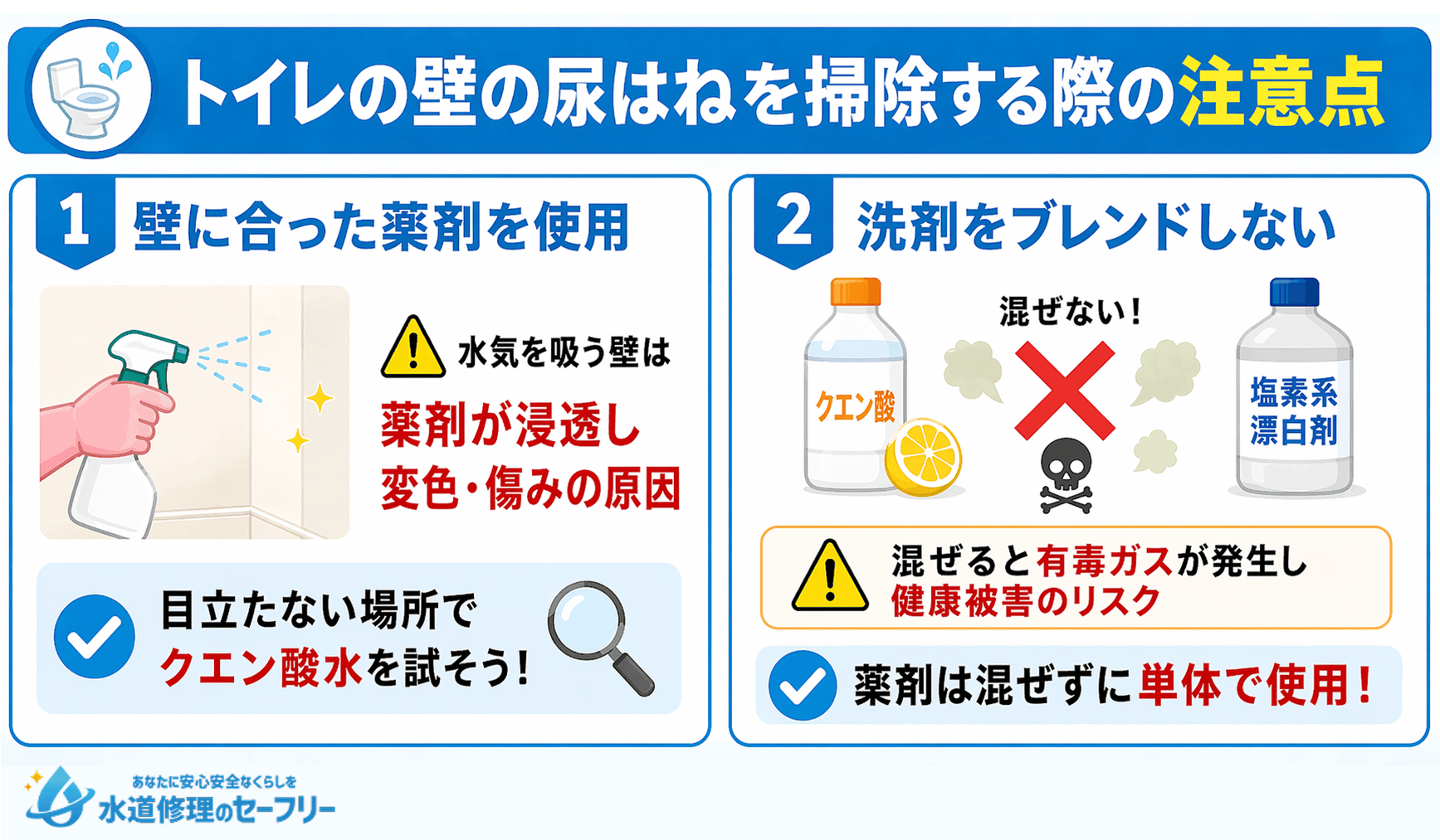トイレの壁の尿はねを掃除する際の注意点を2つ解説