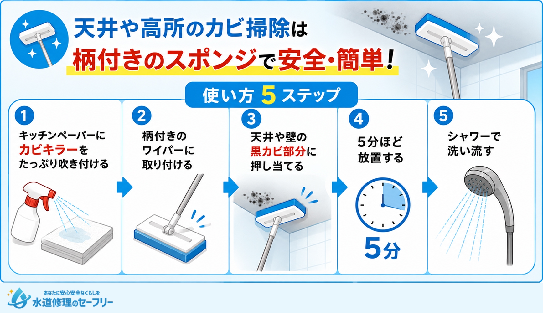 天井や高所のカビ掃除は柄付きのスポンジで安全に進めよう