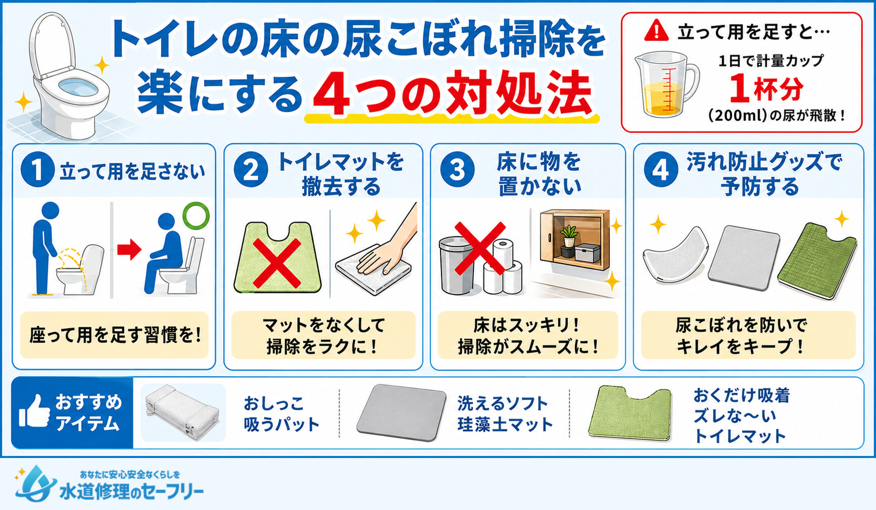 トイレ床の尿こぼれ掃除を楽にする4つの対処法を紹介。立って用を足さないようにしよう