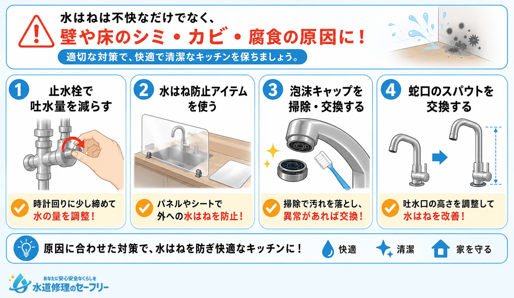 キッチン蛇口の水はねを改善する4つの対策を解説