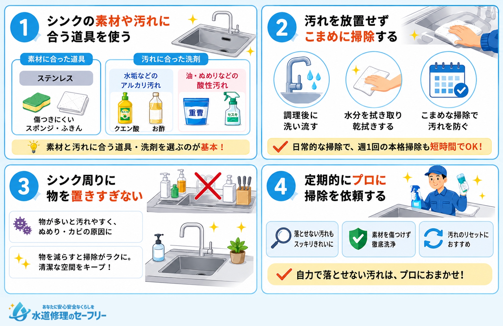 キッチンシンクの掃除で押さえておきたい4つのポイントを解説