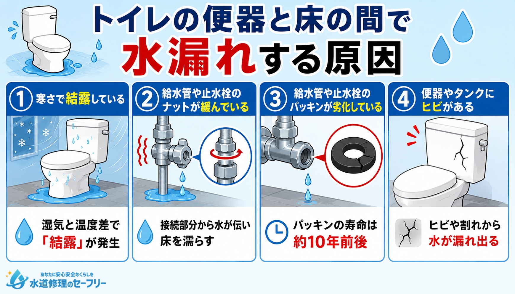 トイレの便器と床の間で水漏れする原因を解説