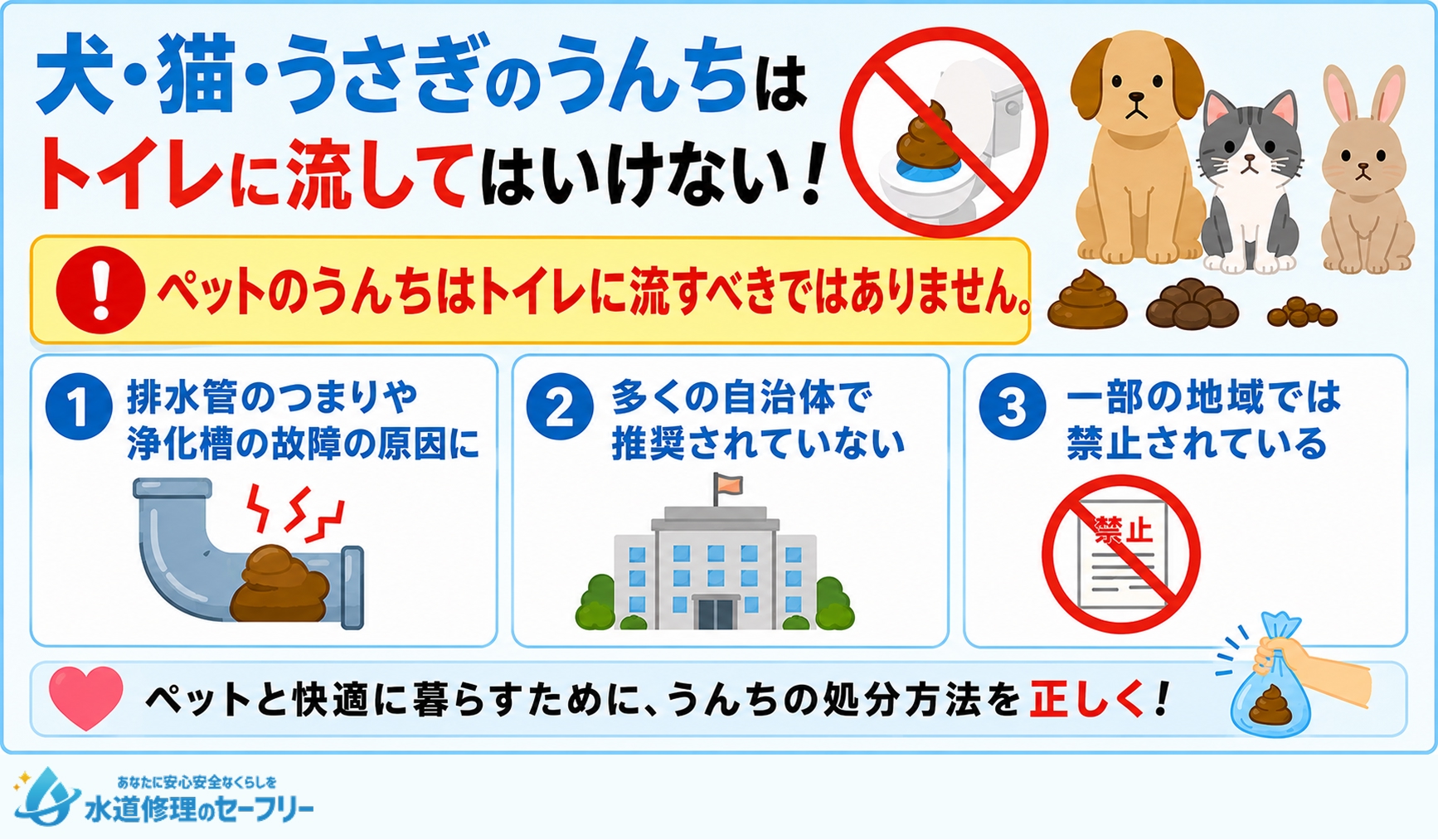 犬・猫・うさぎのうんちはトイレに流してはいけない!理由を解説
