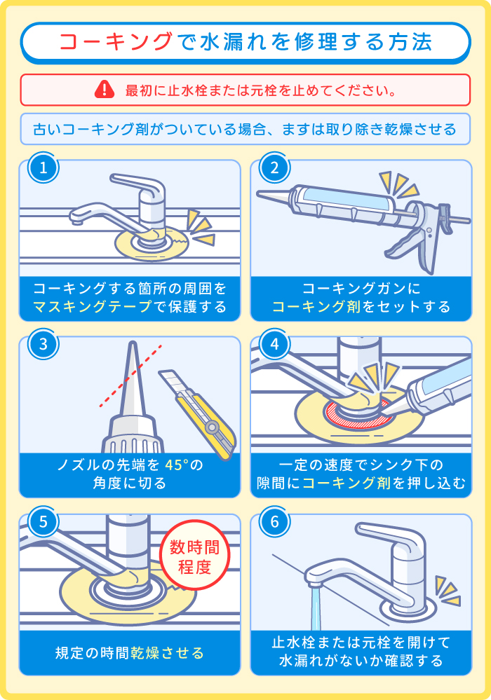 蛇口とシンクの接合部からの水漏れをコーキングで修理