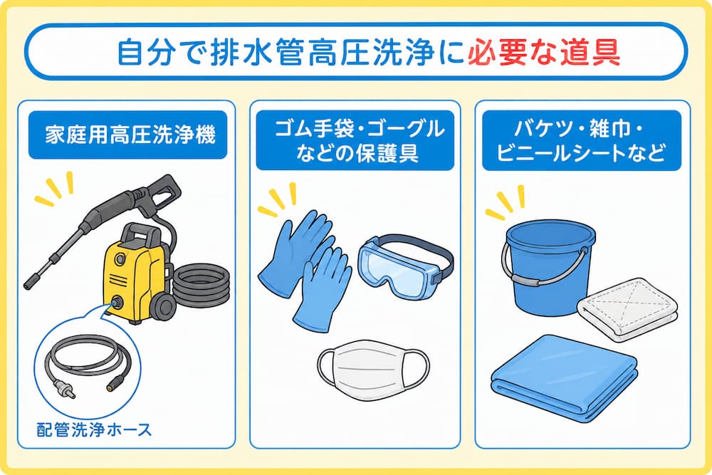 自分で排水管高圧洗浄を行うための必要道具