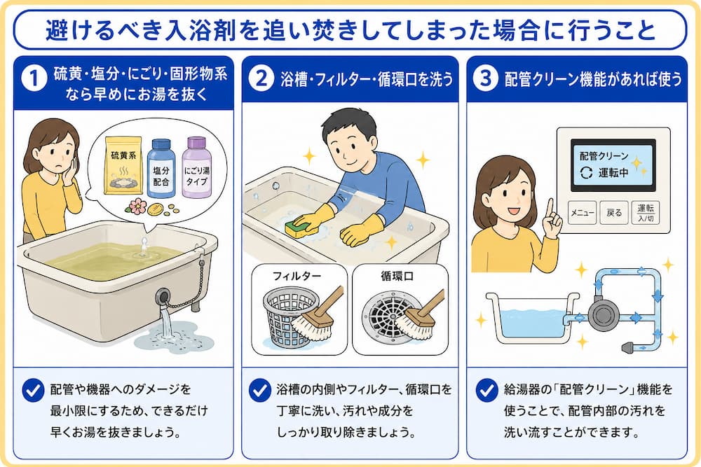 避けるべき入浴剤を追い焚きしてしまった場合に行うこと